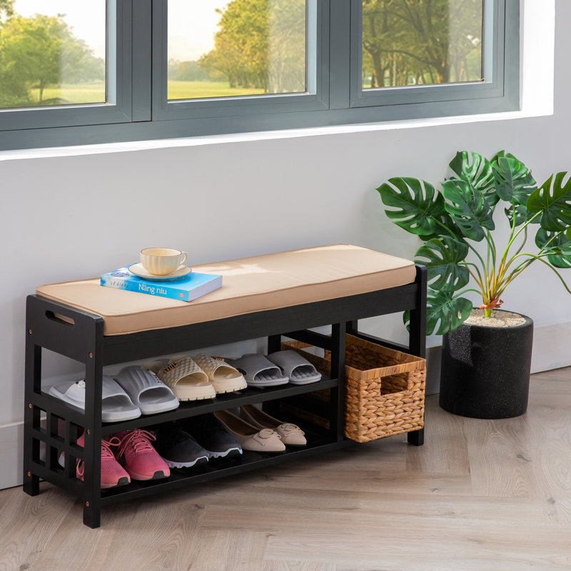 Solid Wood Shoe Storage Bench with Cushion, Black