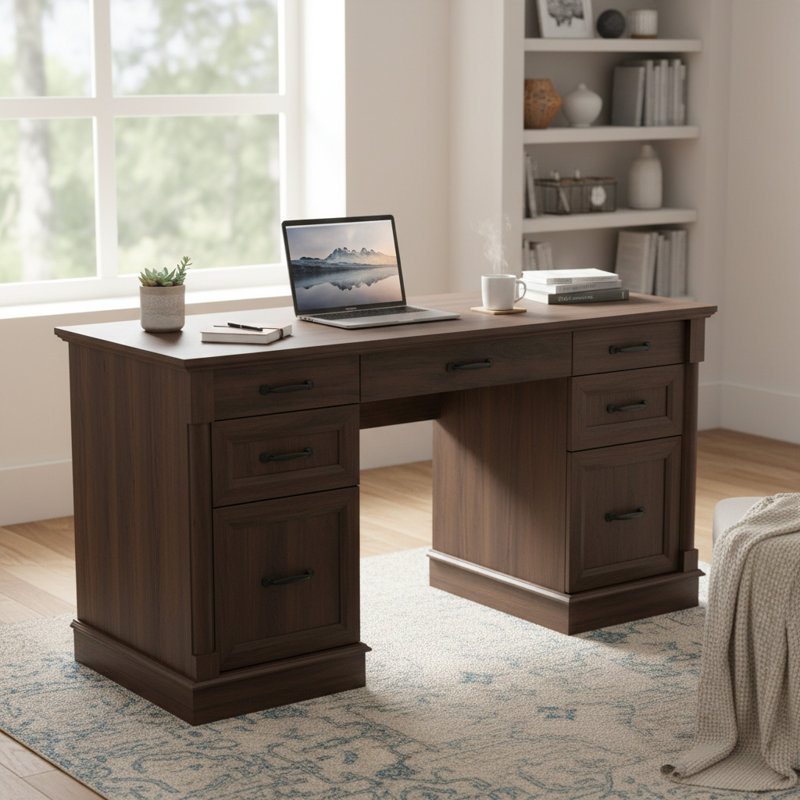 60" Farmhouse Executive Desk with Drawers, Wood Home Office Desk, File Drawer, Storage Cabinet, Rustic Brown