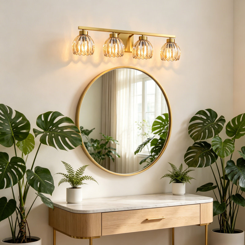 4-light Dimmable Vanity Light With Amber Vintage Floral Tulip Glass Shade, Amber, 4 Lights