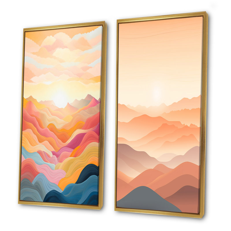 «Bold Sunset Mountain Horizon», ensemble d'art mural sur toile Sunset, Cadre flottant doré, H 40 po x l 41 po