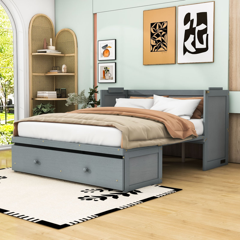 Lit escamotable en bois avec port USB et tiroir, Grand, gris
