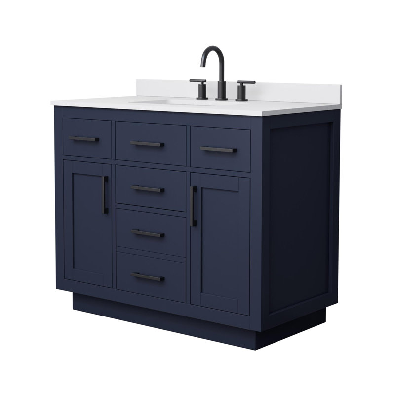 Ensemble de meuble-lavabo simple Beckett, Bleu foncé avec bordure noir mat, Comptoir en marbre de culture blanc