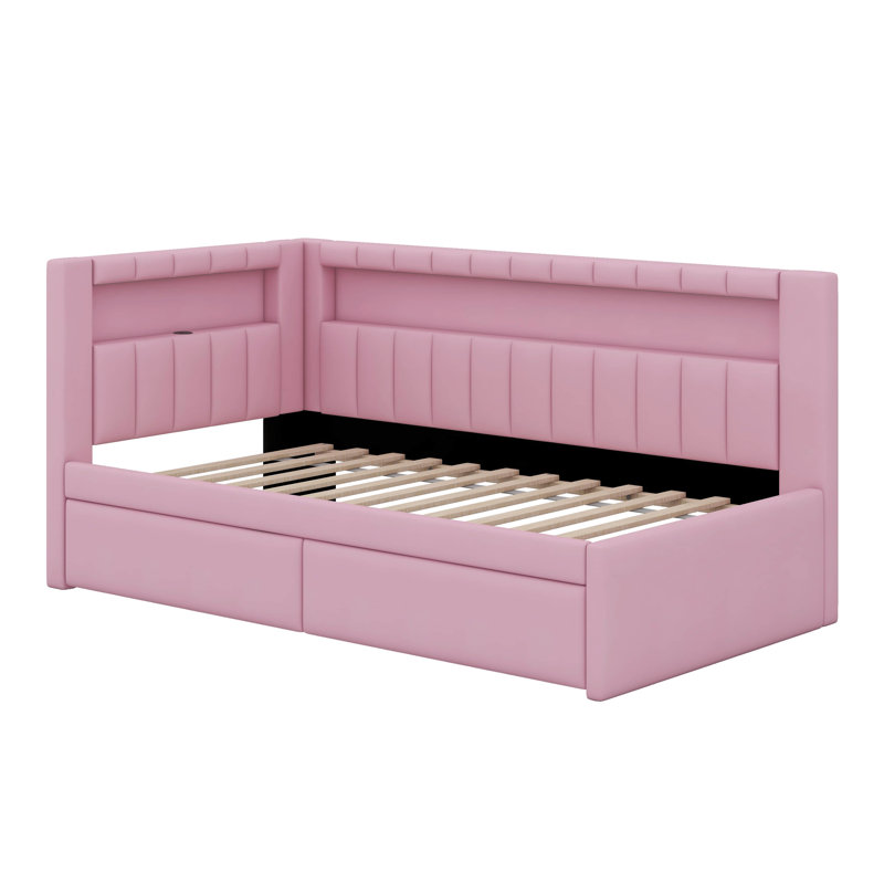 Upholstered Platform Bed With Trundle,USB Ports And LED Belt, Twin, Pink