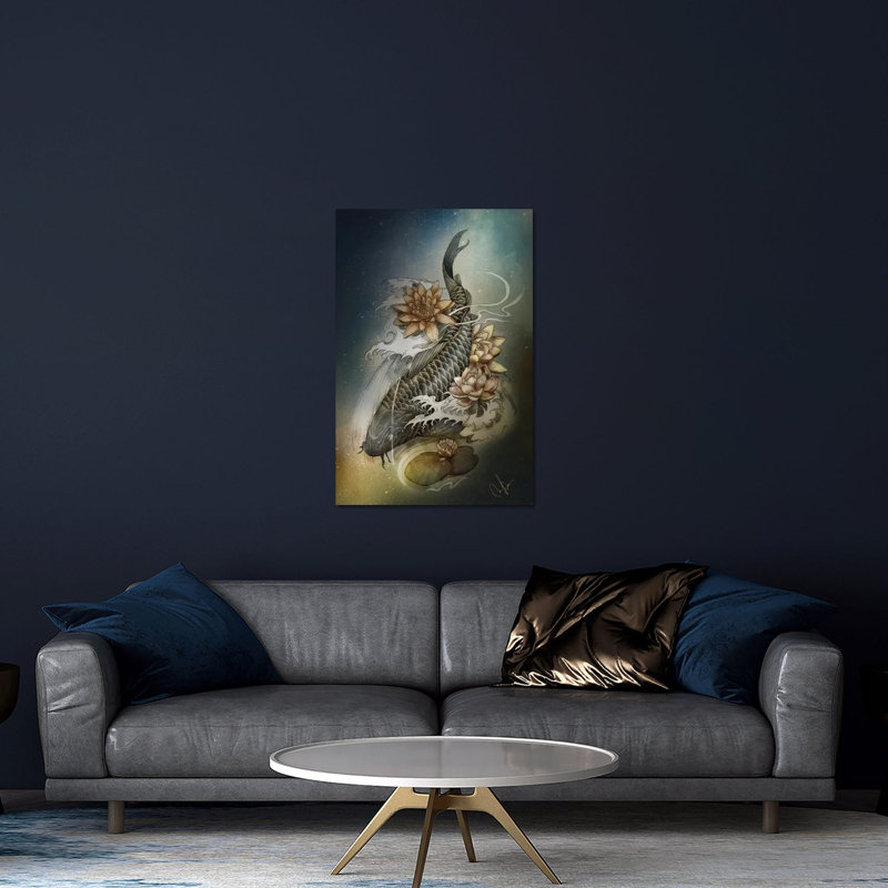 Koi et lotus, reproduction sur verre acrylique, H 32 po x l 24 po x P 0,25 po