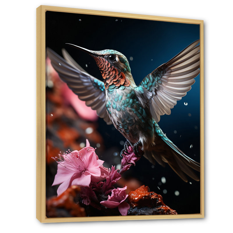 Colibri bleu sarcelle Avdullah - reproduction sur toile, H 32 po x l 16 po x P 1 po, Toile naturelle avec cadre flottant