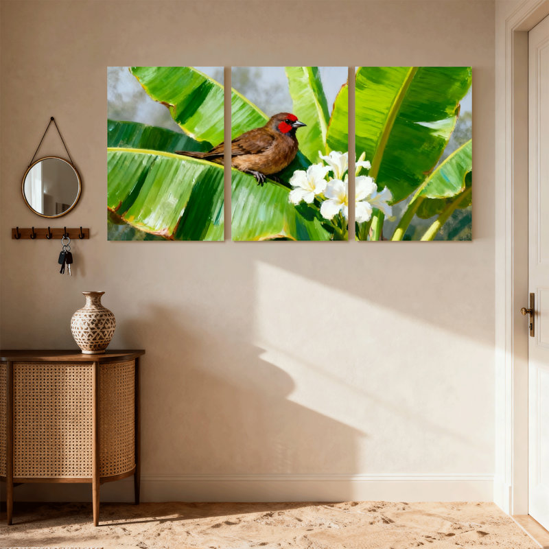 Oiseaux perchés sur une feuille de bananier avec des fleurs blanches, ensemble de 3 impressions sur toile, H 18 po x l 36 po