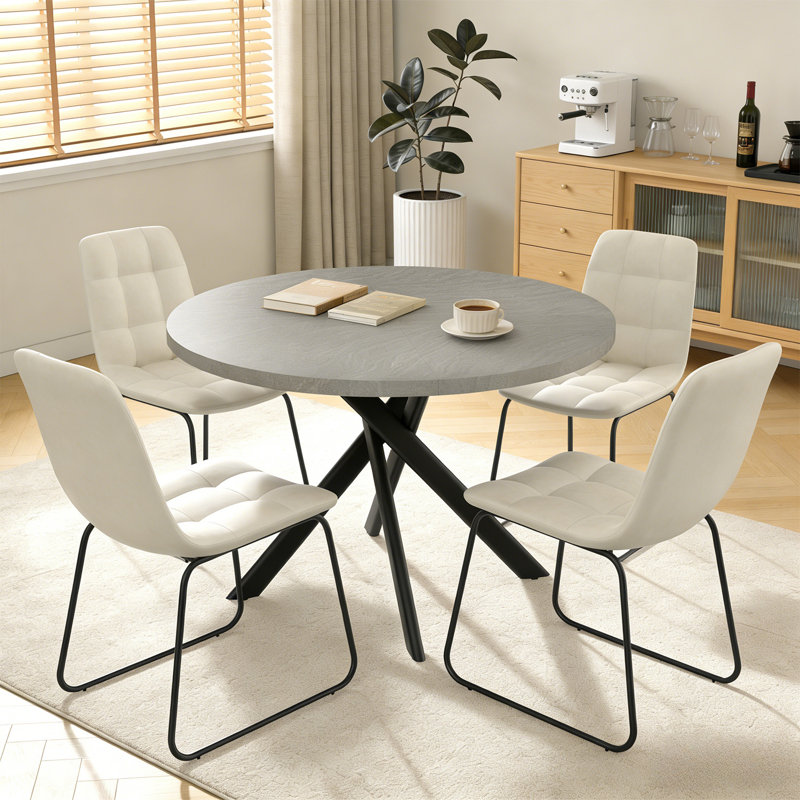 43.4 Inch Round Dining Table Set For 4, Mid Century Modern Small Coffee Set For Dining Room Kitchen Apartment, Beige, Gray
