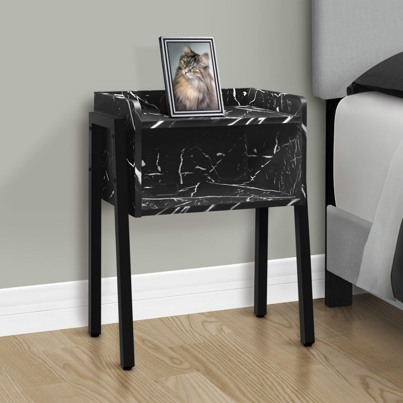 Table d'appoint, côté, bout, table de chevet, lampe, salon, chambre à coucher, stratifié aspect marbre noir, métal noir, contemporain, moderne