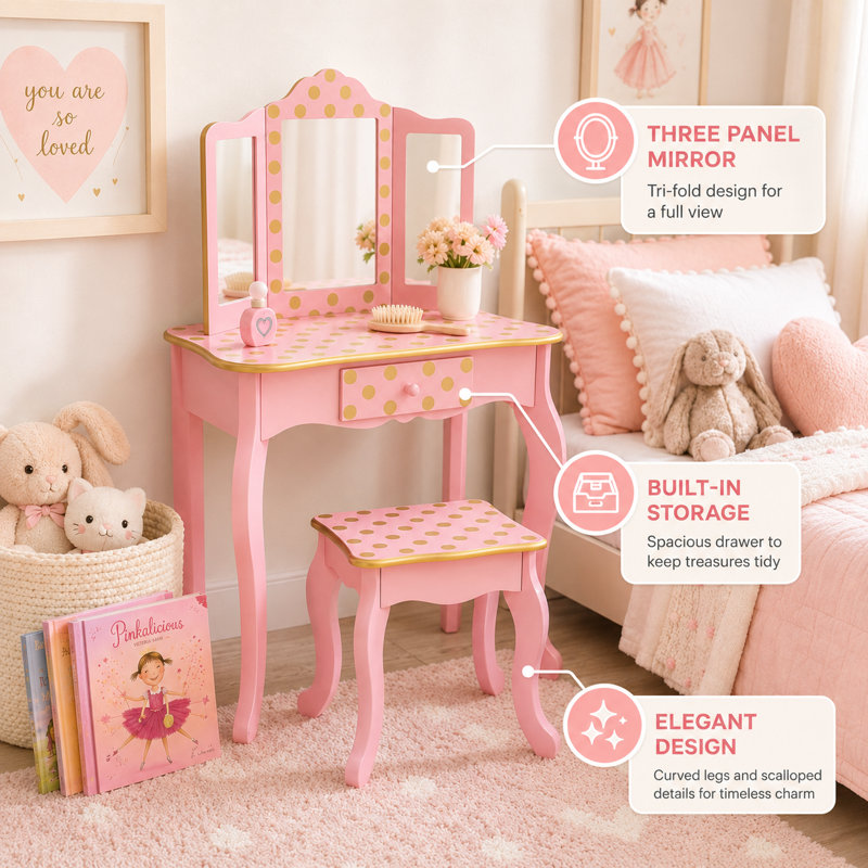  Teamson Kids Vanity Table and Chair Set with Mirror, Girls Wooden Dressing Table with Storage Drawer, Pink/Gold