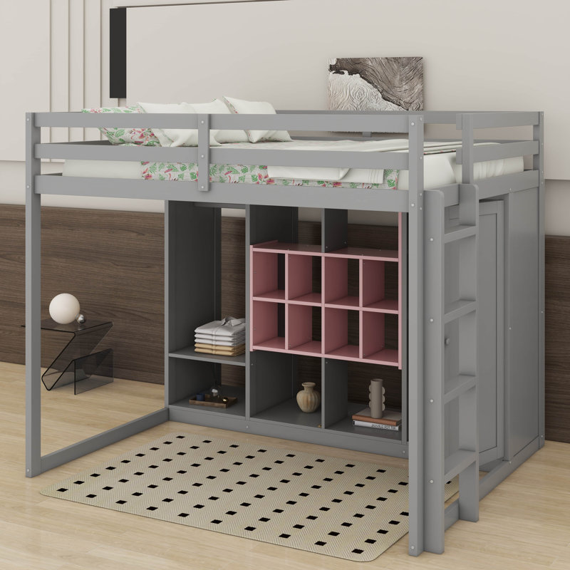 Lit mezzanine en bois pleine grandeur avec garde-robe, tablettes et armoire, Gris / Rose