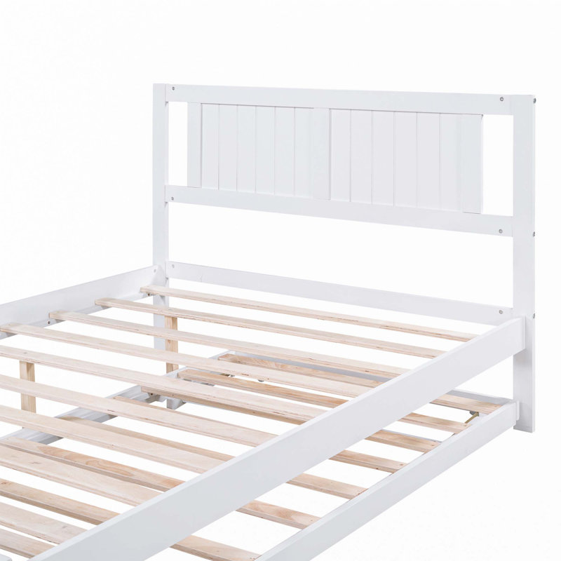 Full Size Platform Bed With Adjustable Trundle, White