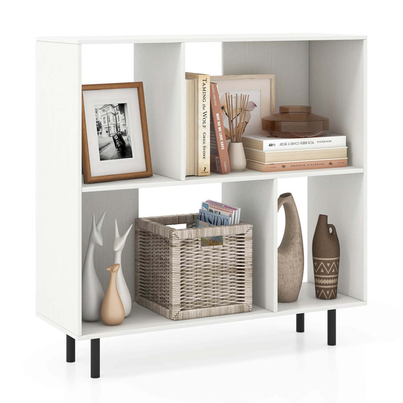 Open Shelf Bookcase Mid Century Modern Cube Bookshelf With 4 Compartments, White