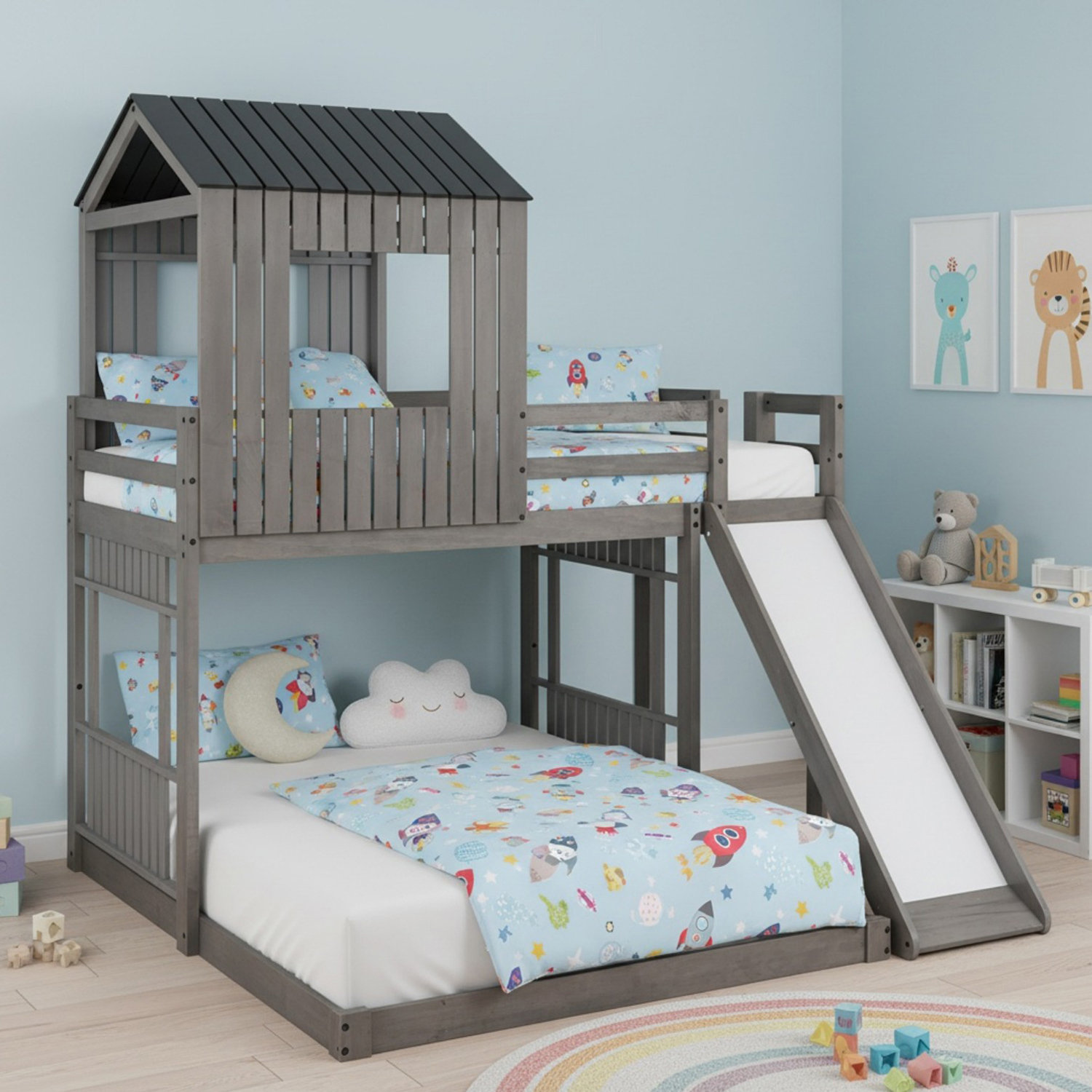 Harriet Bee Solid Wood L Shaped Twin Over Full Bunk Bed with Playhouse ...
