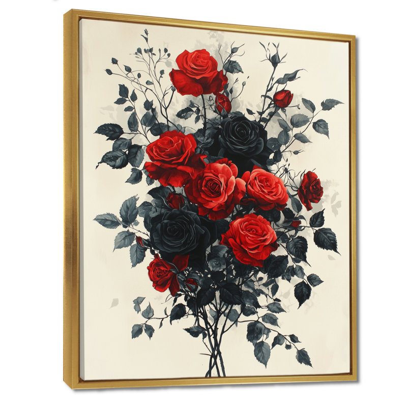 Hurst Midnight Red Black Roses Bouquet - Roses, reproduction sur toile encadrée, Reproduction avec cadre flottant, Doré