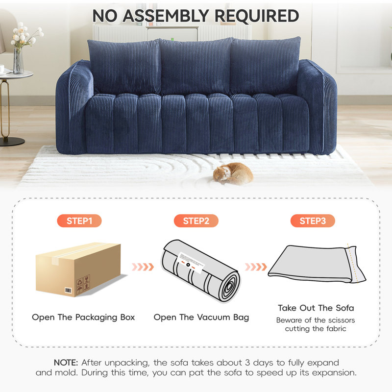 Modern Upholstered  Compression Sofa for Living Room, 3, Navy