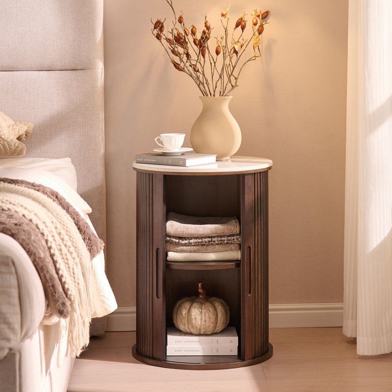 Faux Marble Top End Table With Wood Sliding Fluted Door and Storage, White