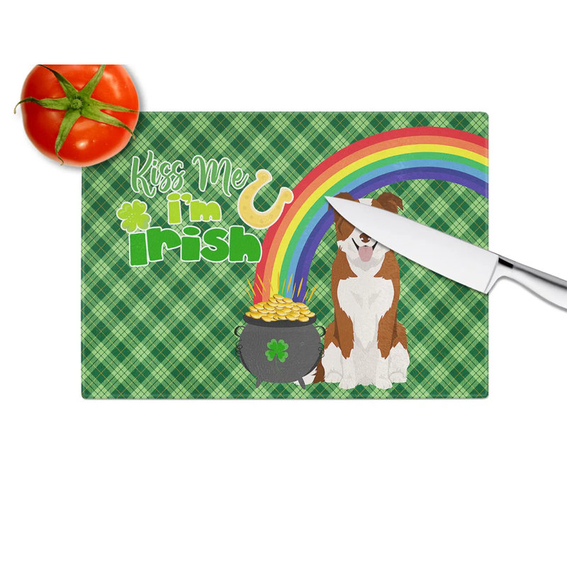 Planche à découper en verre trempé rouge et blanc avec bordure rouge et blanche Collie St. Patrick's Day