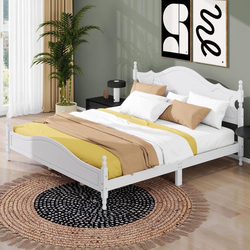 Lit plateforme en bois avec tête de lit, lit plateforme de style rétro avec support en lattes de bois, Blanc