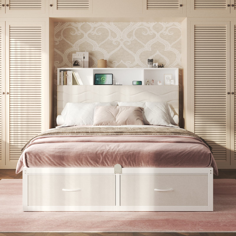 Upholstered Platform Bed Frame with 8 Storage Drawers, Storage Bed with LED light & Charging Station, Velvet Tufted Headboard with Adjustable Bedside Tables, No Box Spring Needed
