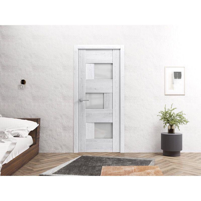Porte française unie Sete | Avec verre givré | Poignée simple à panneau régulier | Portes de salle de bain robustes, Blanc