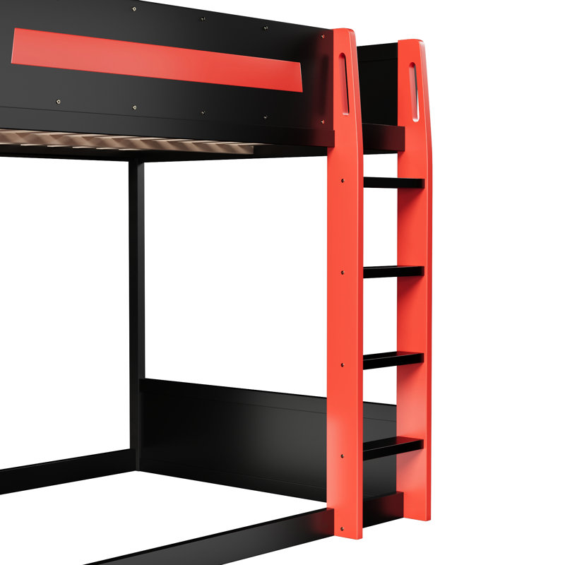 Lit superposé double en bois avec bureau, lumière DEL et USB, deux tablettes de rangement pour les joueurs, noir et rouge