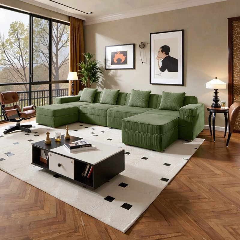 Ensemble modulaire de canapé modulaire en forme de U avec sièges profonds et repose-pieds - Confort moelleux instantané en velours côtelé
