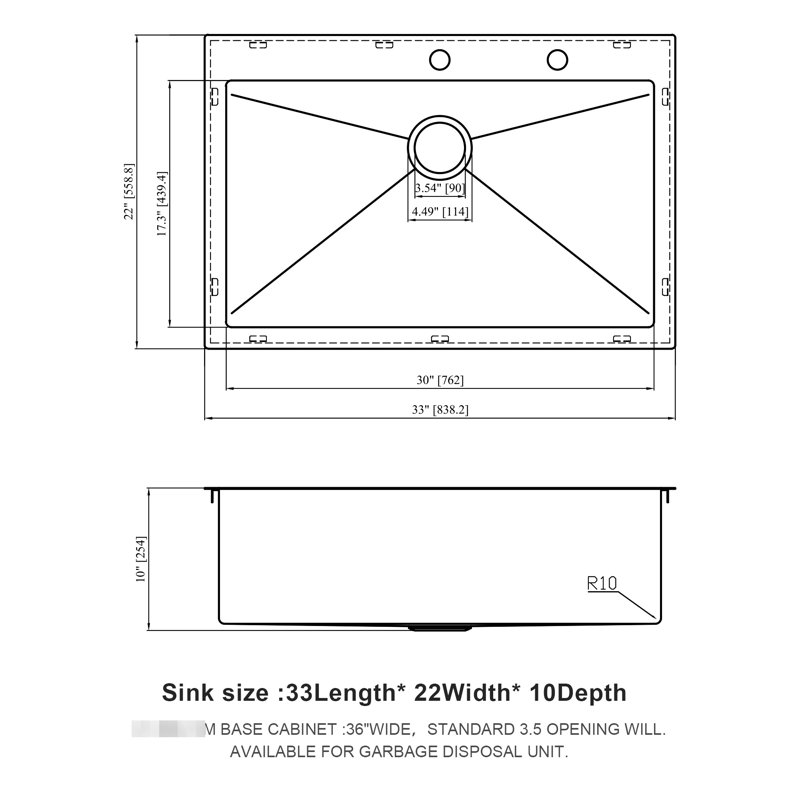 16 Gauge Single Bowl Kitchen Sink 33X22 Inch: T304 Stainless Steel Topmount With Condensation Prevention Inch 16G: X-Shaped Drain And Sound Absorption Feature