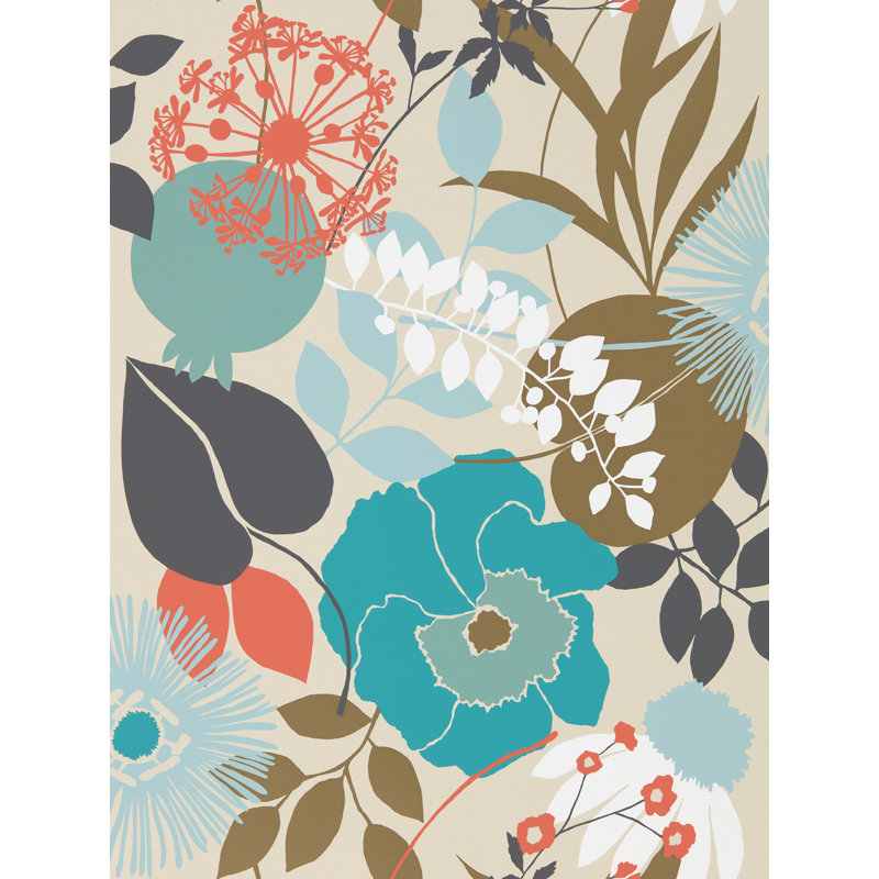Doyenne Wallpaper, Sky/Olive/Coral
