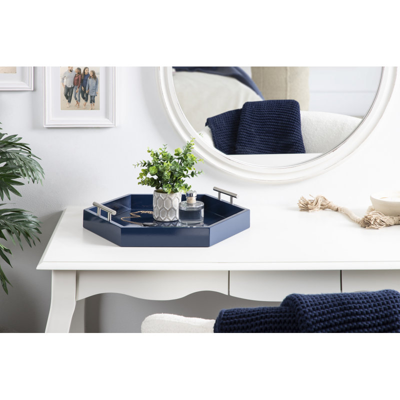 Norvan Hexagon Decorative Tray with Metal Handles, Navy Blue/Silver