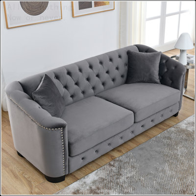 77-Inch Modern Chesterfield Velvet Sofa, 3-Seater Sofa, Upholstered Tufted Backrests with Nailhead Arms and 2 Cushions
