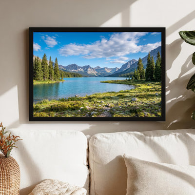 Toile noire encadrée en bois noir pour salon, chambre à coucher, bureau ou vestibule - décoration murale décorative avec lac de montagne