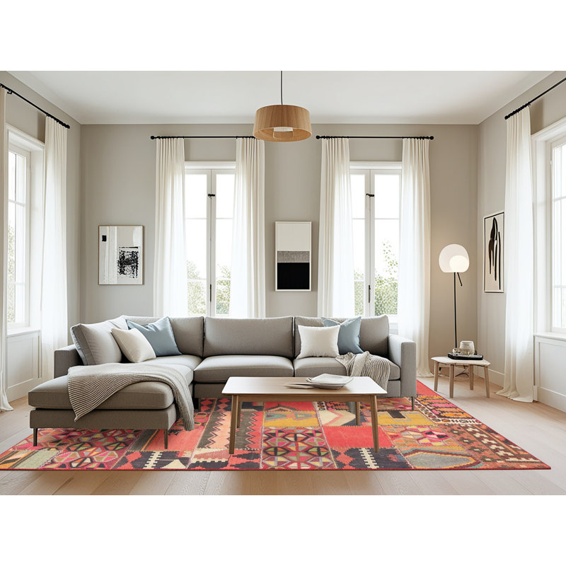 Tapis contemporain orange / rouge / noir, Rectangle 8 pi x 10 pi