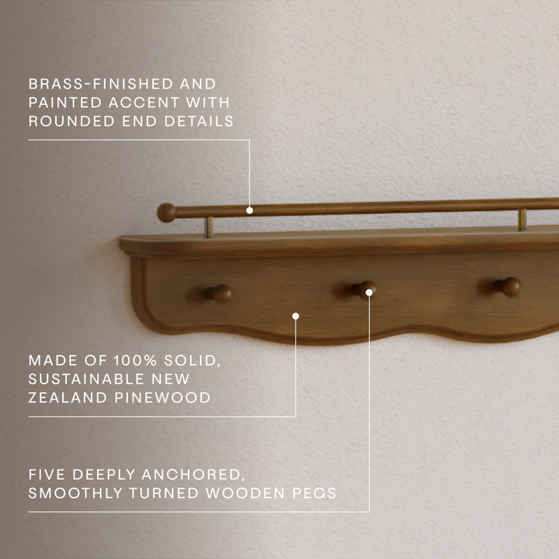 Liberty 31" Wall Shelf with Hooks, Natural Walnut