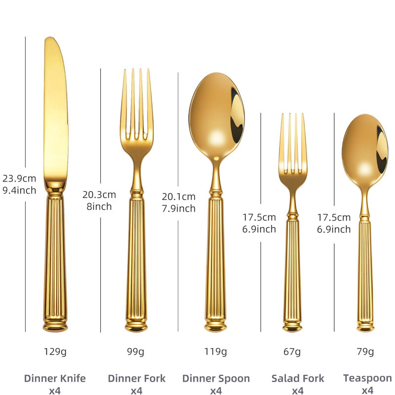 Ensemble de couverts en acier inoxydable, couverts, couverts, couteaux, steak, cuillère à café (or, 5 pièces)