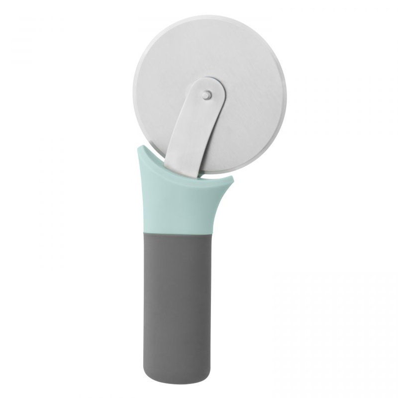 Aqua and Gray Stainless Steel Pizza Cutter with Ergonomic Handle
