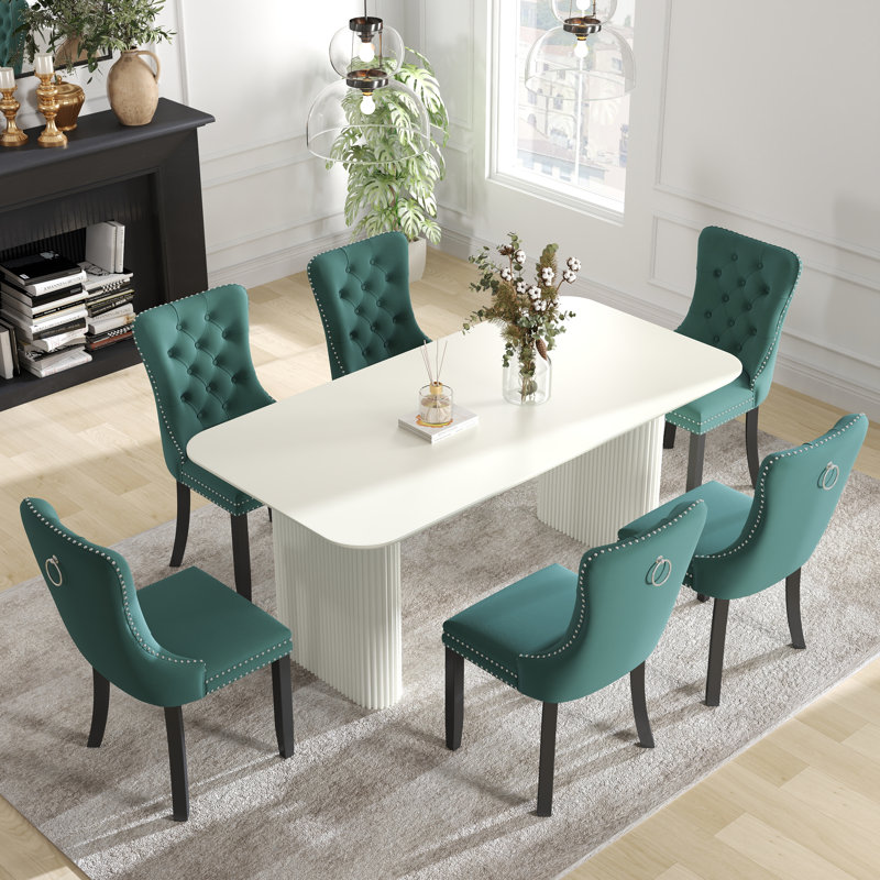 Ensemble de salle à manger rectangulaire à double piédestal avec table de salle à manger de style crème, 7, Blanc, Vert
