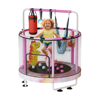 7-In-1 Round Trampoline, 55" Indoor & Outdoor Trampoline For Fun, Trampoline For Kids With Enclosure For Boys & Girls