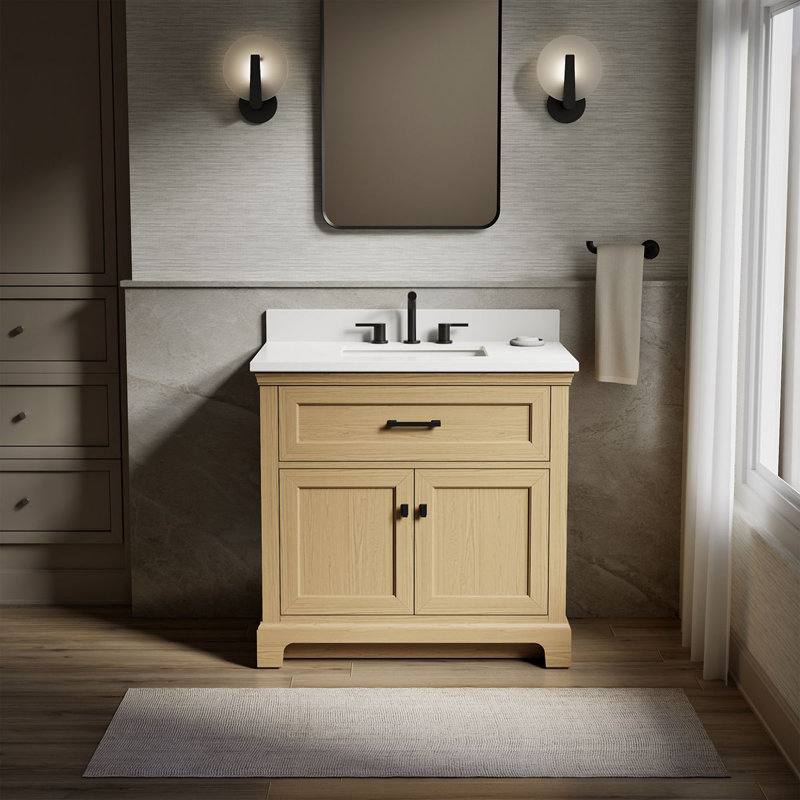 Charlemont 30 In. Bathroom Vanity Cabinet With Sink And Quartz Top, Matte Black, Light Oak, 30"