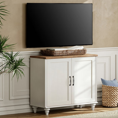 Meuble télé Scarlett Farmhouse pour téléviseur de 43 pouces avec 2 portes en bois, meuble télé universel en bois avec armoires de rangement, meuble télé pour salon, chambre à coucher, blanc