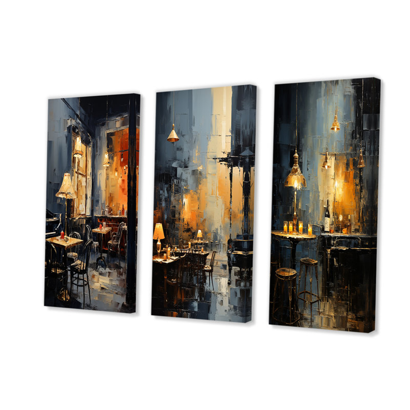 Ensemble de 3 décorations murales jaunes et grises Jazz Cafe Melody I - Music Jazz, H 40 po x l 60 po, Toile tendue