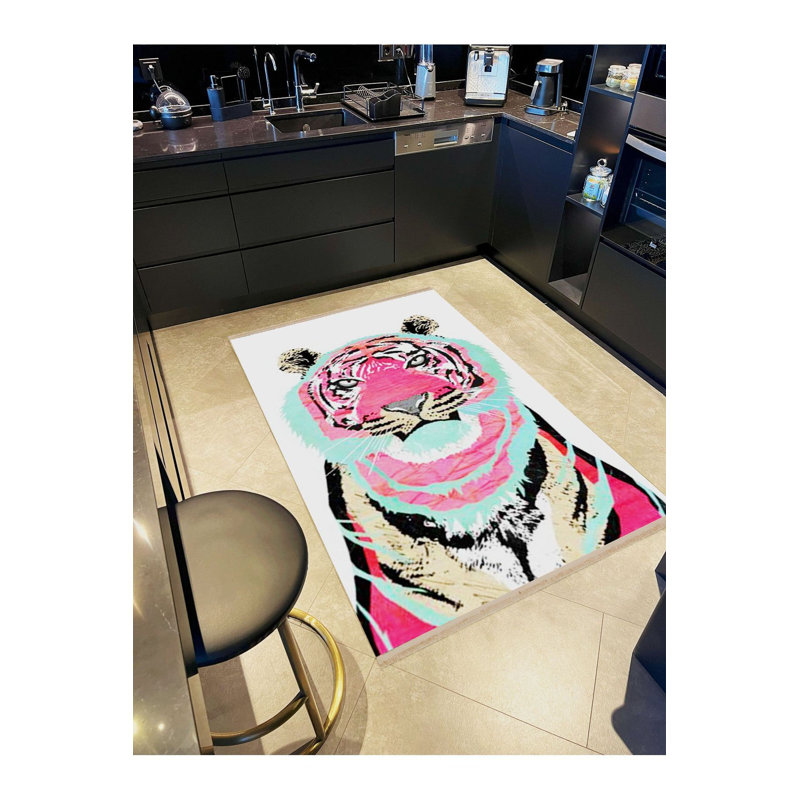 Tapis décoratif tissé rose et bleu lavable à la machine, Rectangle 2 pi 4 po x 3 pi 11 po