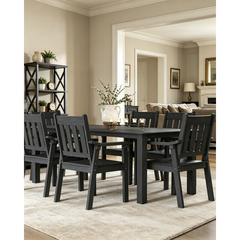 All Weather Rectangular HIPS Patio Dining Set for 6 with Arm Chairs 7 Piece Outdoor Furniture Set with Umbrella Hole Modern Plastic Outdoor Dining Sets
