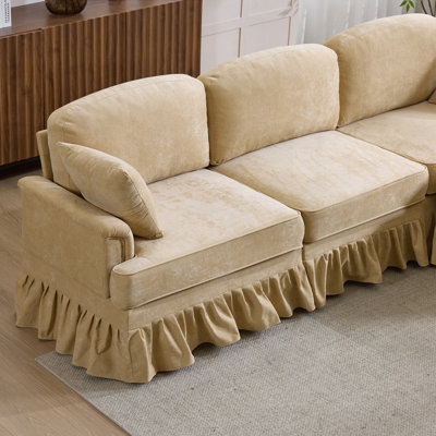 103.15'' Modern Sectional Sofa with Removable Ruffled Pleated Skirt, Chenille Cloud Sofa, Ottoman and Flared Arms