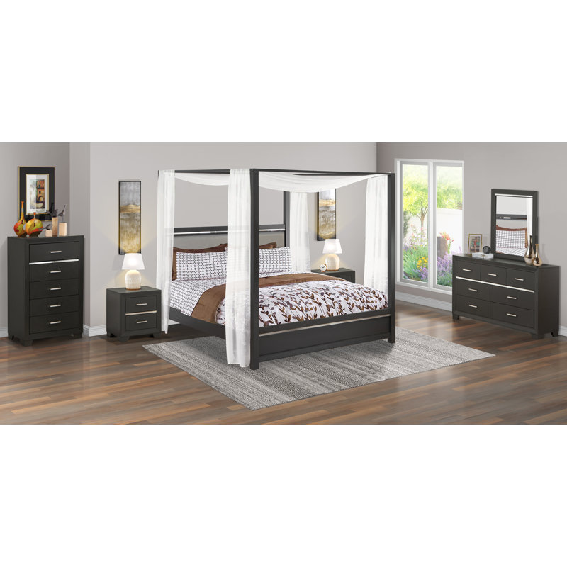 Ensemble de chambre à coucher 6 pièces Denali avec tête de lit pour grand lit réglable à DEL, 2 tables de chevet, miroir, commode et commode en bois - Finition gris brossé