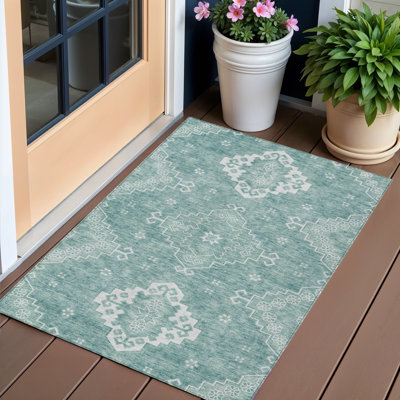 Tapis intérieur / extérieur 3 pi x 5 pi bleu sarcelle et ivoire lavable
