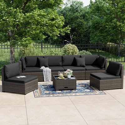 Ensemble de conversation de patio 7 pièces - Canapé modulaire d'extérieur en rotin PE avec coussins et table basse en verre