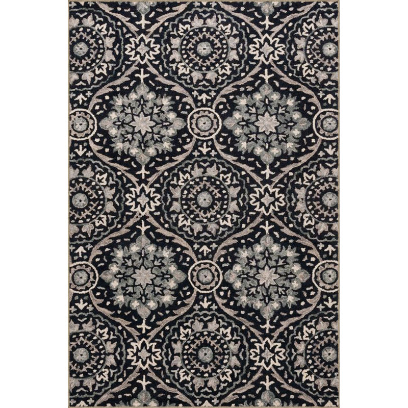 Tapis noir lavable floral à base tissée, Sous-tapis carré 3 pi 3 po inclus