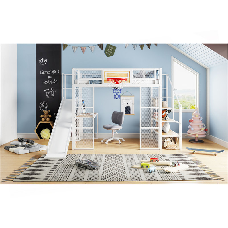 Lit mezzanine en métal avec bureau intégré, garde-robe ouverte, panier de basketball,, Blanc