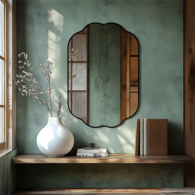 Contemporary Oval Scalloped Bathroom Vanity Wall Mirror | Stainless Steel Frame