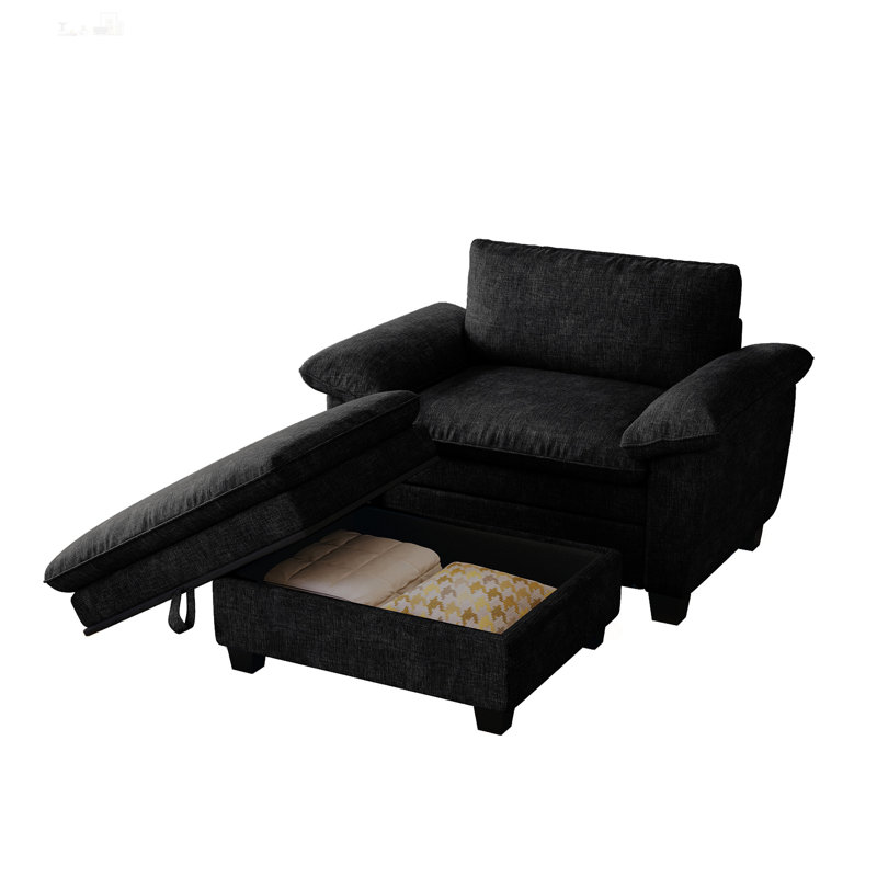 Chaise longue surdimensionnée avec repose-pieds et rangement, revêtue de chenille douce, Noir